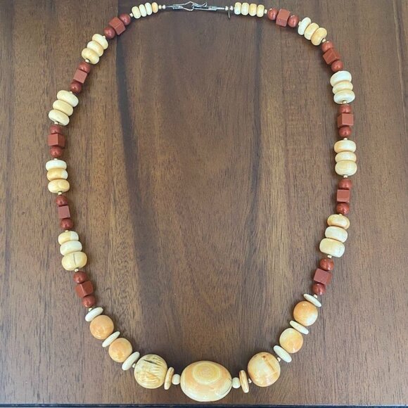 Vintage MJ Bone & Horn Necklace Red Jasper Square & Round Beads 27" - Picture 1 of 11